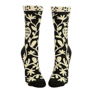 black socks with cream floral details with heart that says i made a good kid