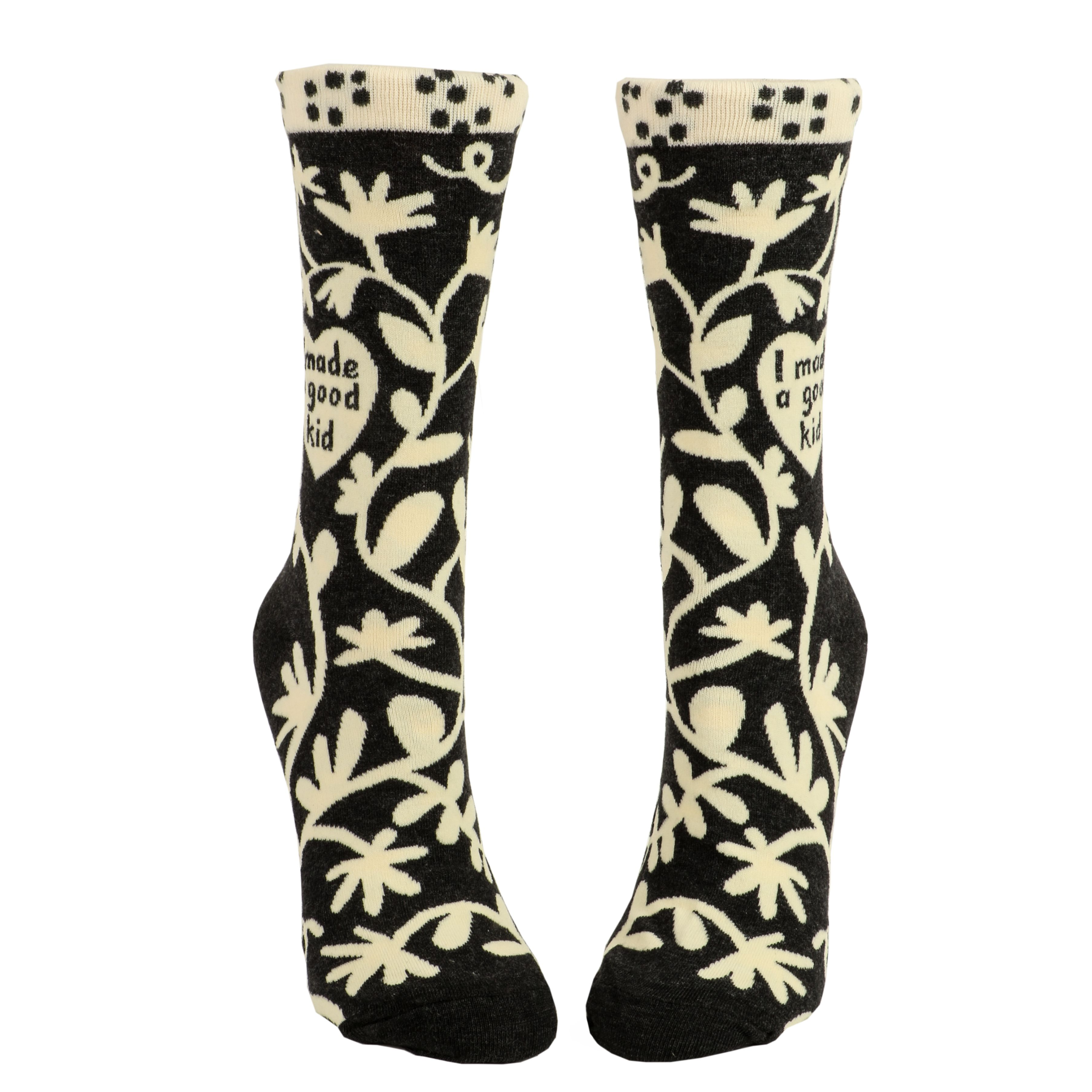 black socks with cream floral details with heart that says i made a good kid