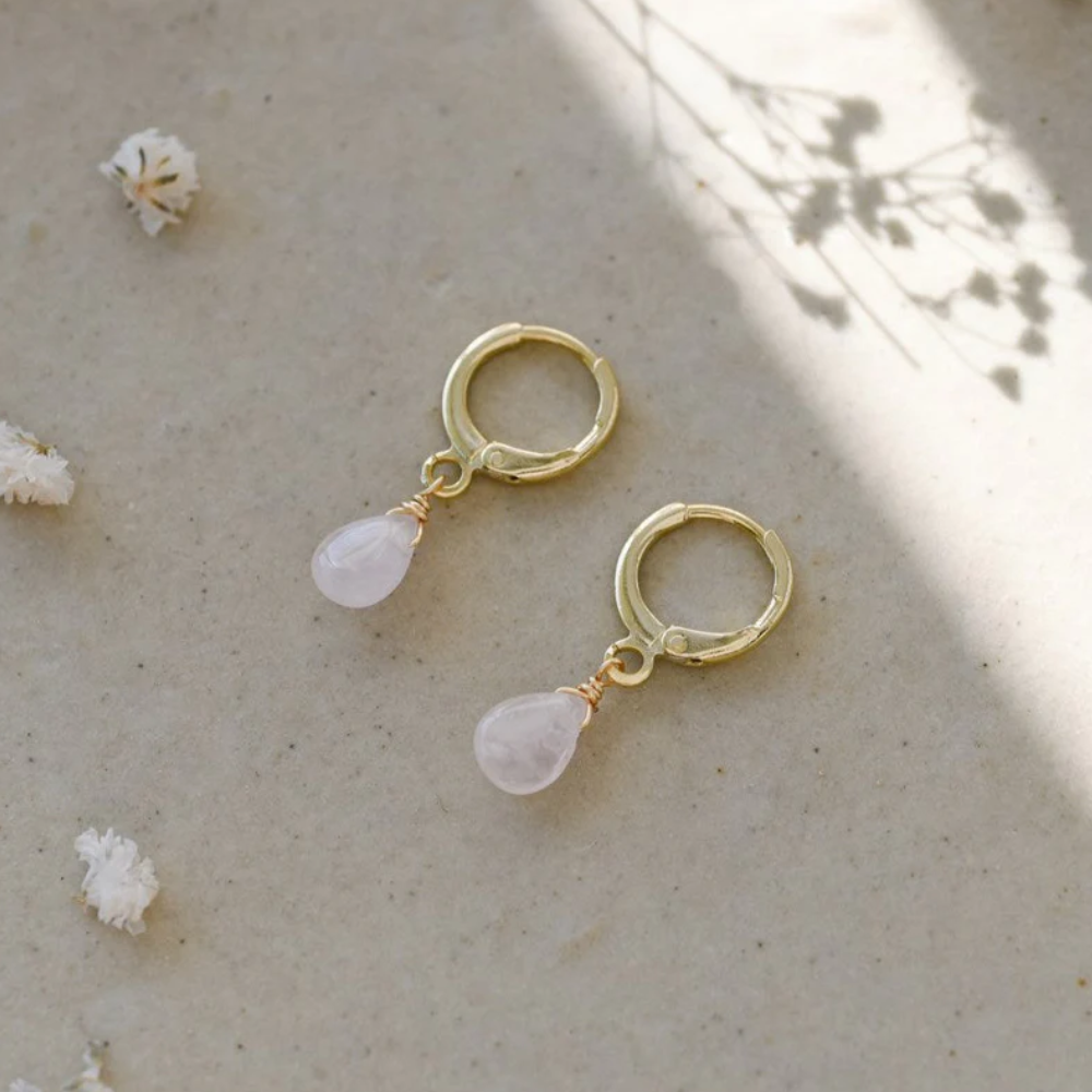 GOLD/ROSE QUARTZ ZIA HOOPS by GLEE JEWELRY