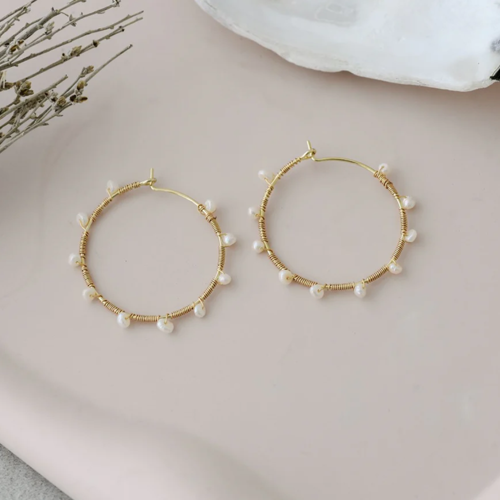 GOLD JOLIE- WHITE PEARL HOOPS by GLEE JEWELRY