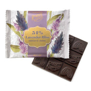 chocolate bar with white package with purple stipe and  lavender illustrations. square chocolate bar with sections with Rogers logo and cocoa beans on it. on white background