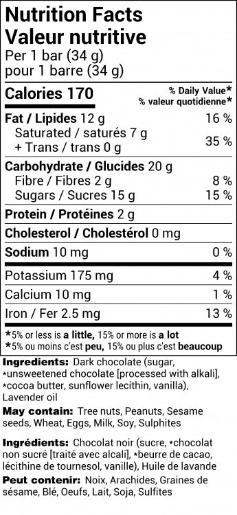 nutritional facts for chocolate bar black writing on white background