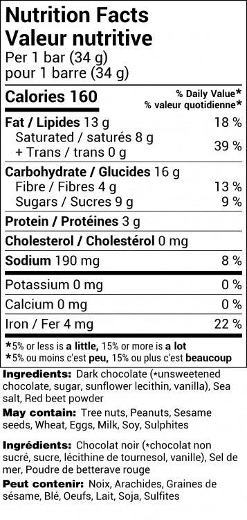 nutritional info for sea sparkler chocolate bar from rogers chocolate. black writing on white background