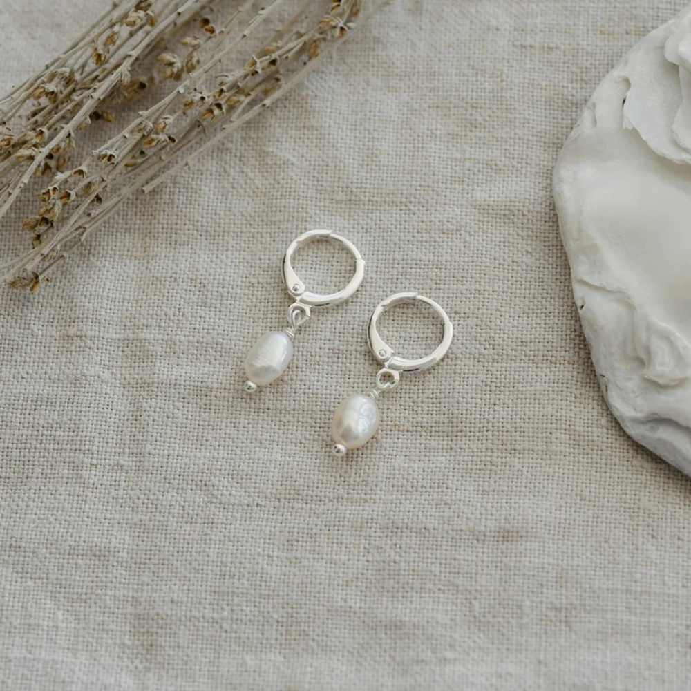 SILVER/PEARL BITSY HOOPS by GLEE JEWELRY