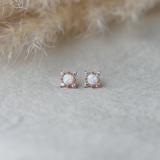 ROSE GOLD & WHITE OPAL AURORA STUDS by GLEE JEWELRY