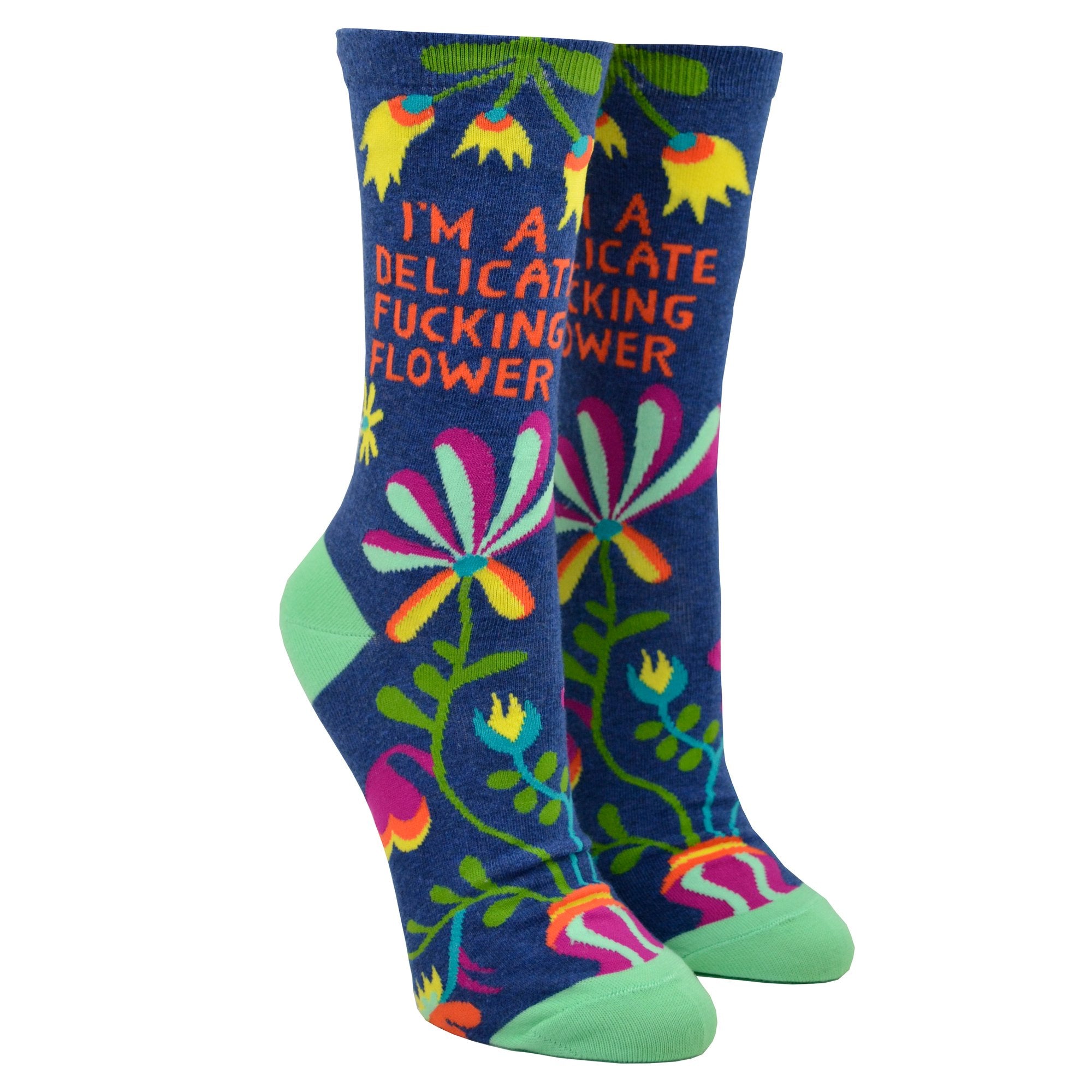 navy socks with multicolour flowers says i'm a delicate ficking flower in orange