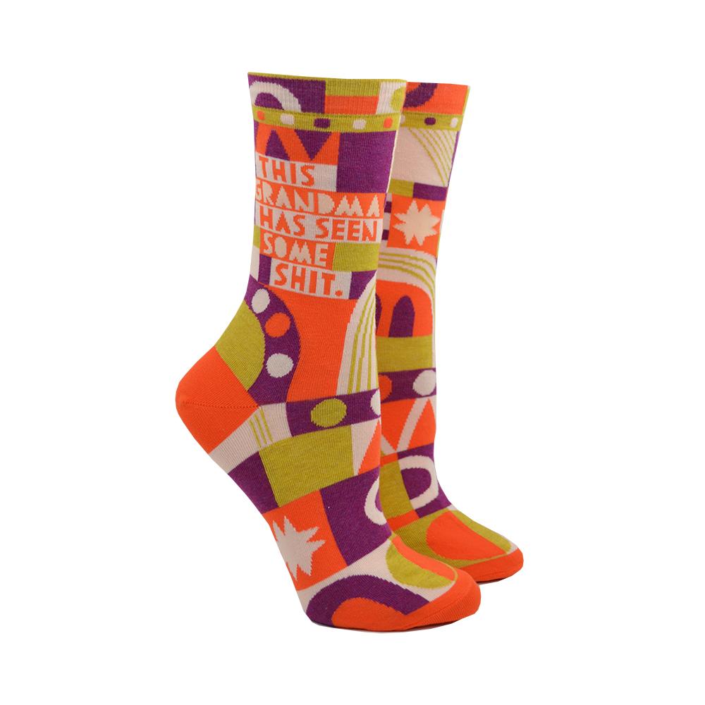 retro style multicolour socks that say this grandmas has seen some shit