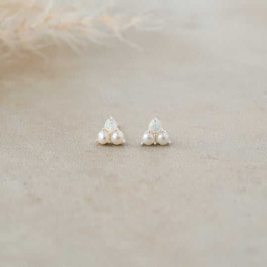 SILVER, WHITE PEARL & OPAL ELEGANCE STUDS by GLEE JEWELRY
