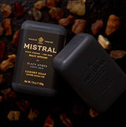 two black bars of mistral for men luxury soaps in scent black amber