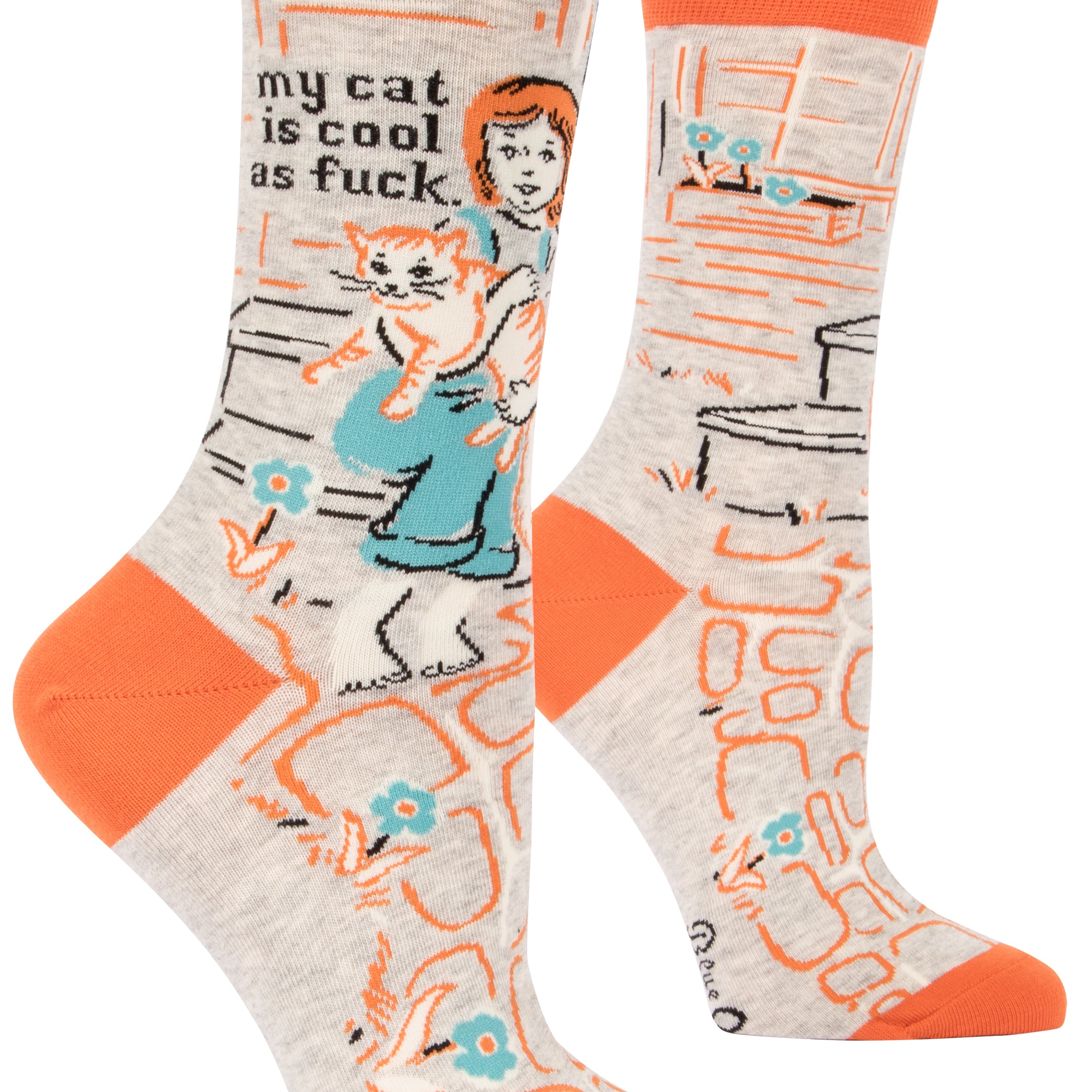 light grey socks with orange tips cartoon of redhead girl with cat on steps and it says my cat if cool as fuck