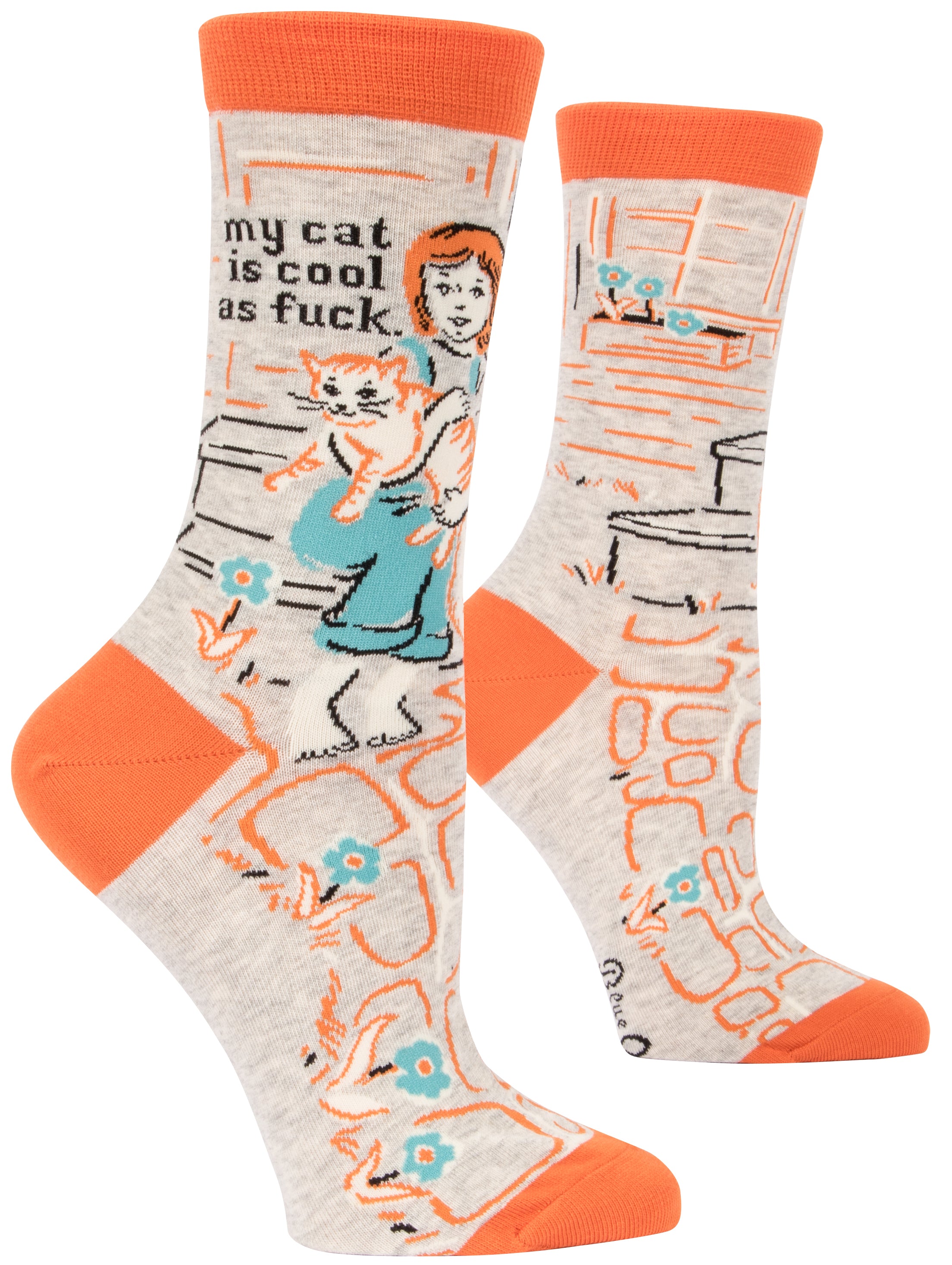 light grey socks with orange tips cartoon of redhead girl with cat on steps and it says my cat if cool as fuck