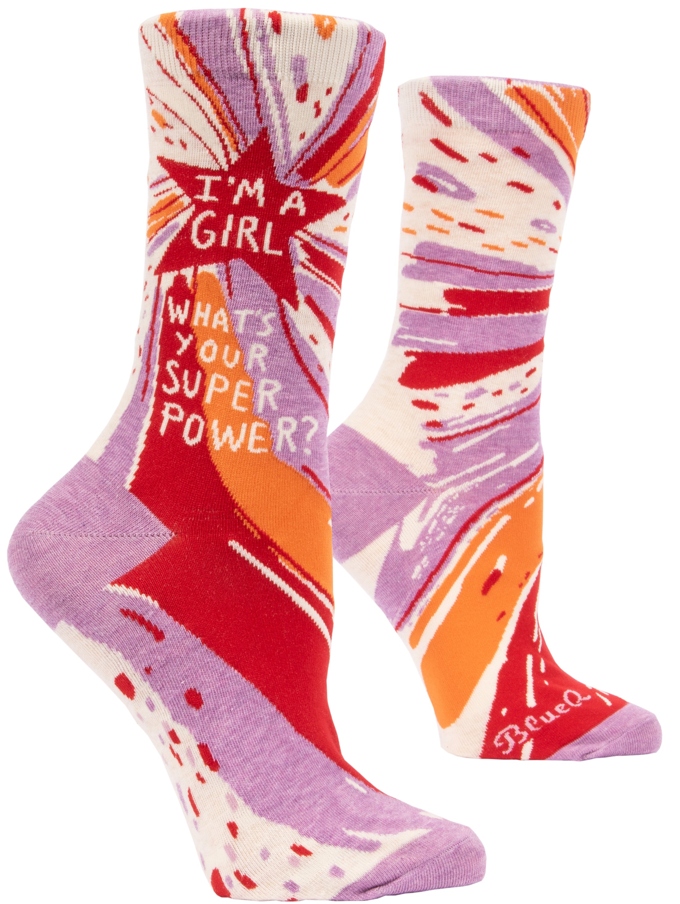 socks with purple orange cream and red swatches big red star on ankle that says i'm a girl what's your superpower?