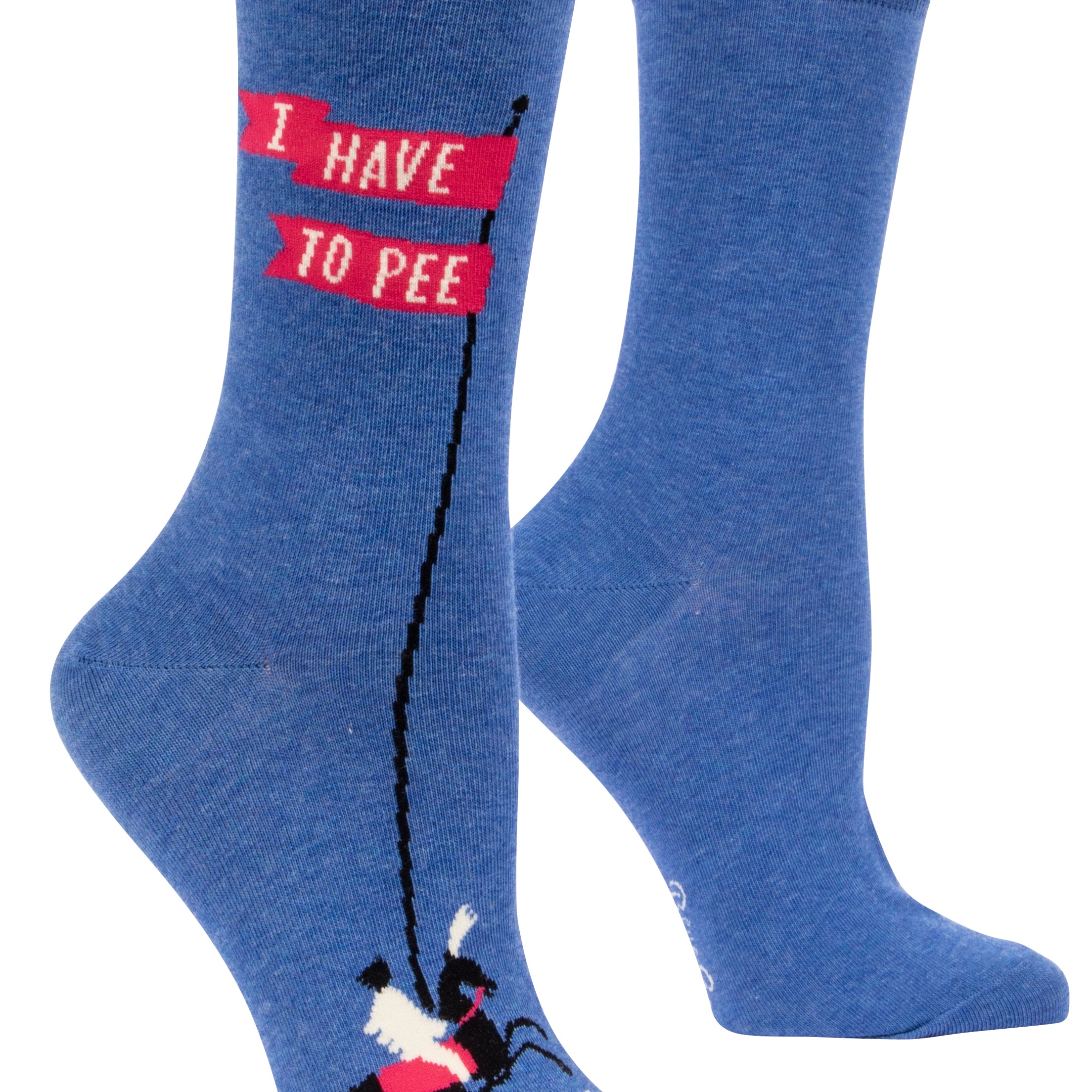 blue socks with a cartoon horse rider on toe holding tall flags on poll that say i have to pee again
