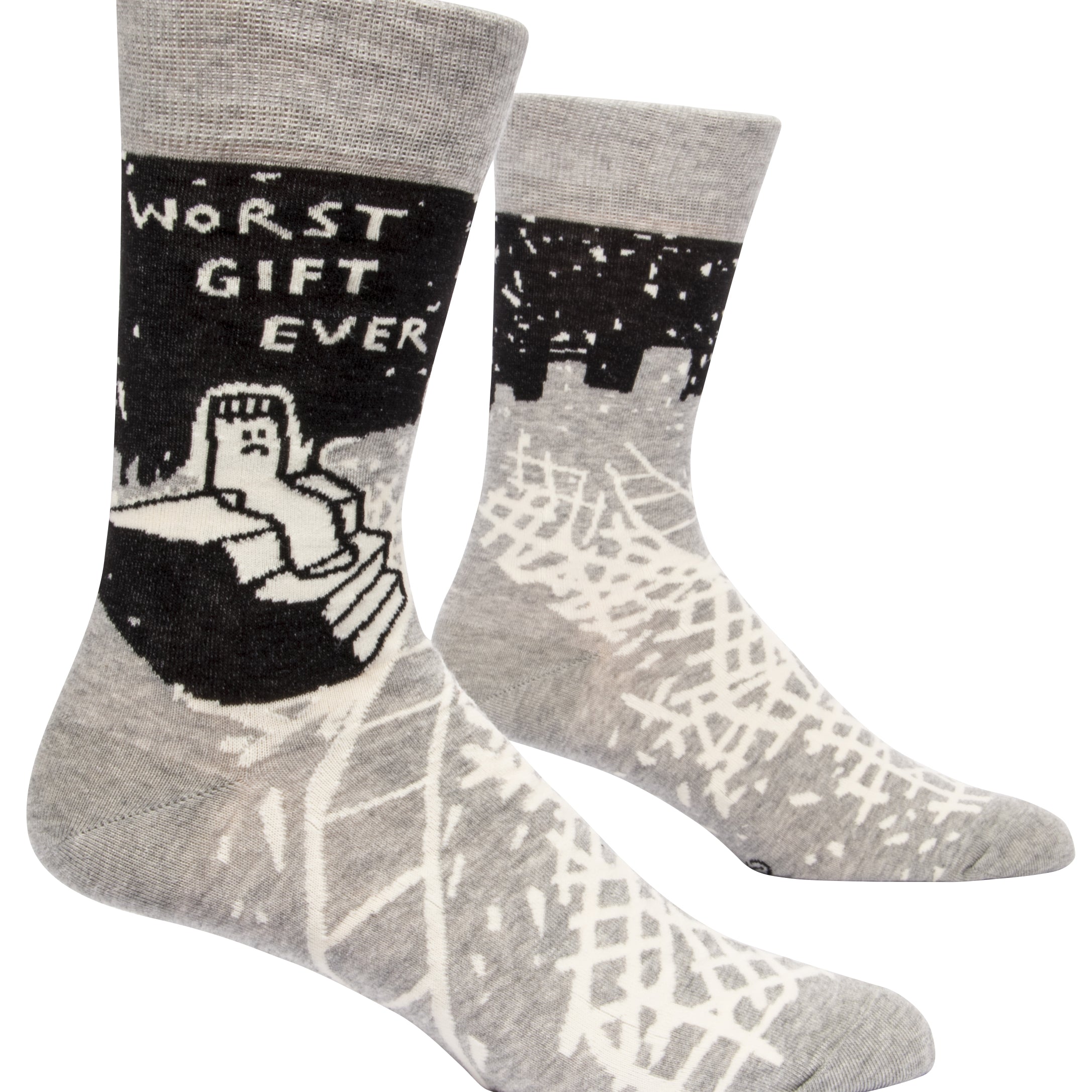 grey socks with a picture of a sad sock on stairs and above it says worst gift ever