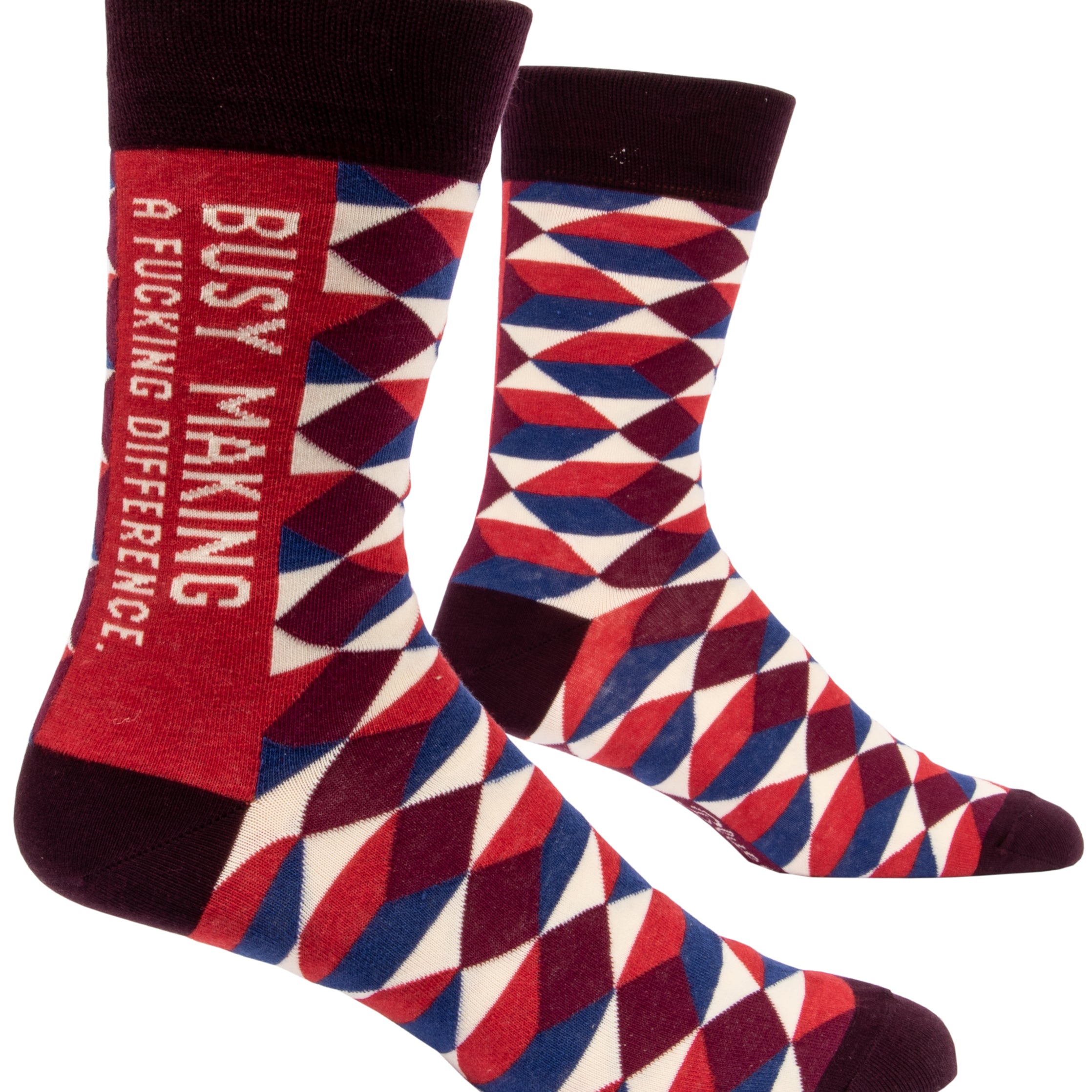 socks with retro style red, blue, white and brown diamond pattern on ankle says busy making a fucking differance