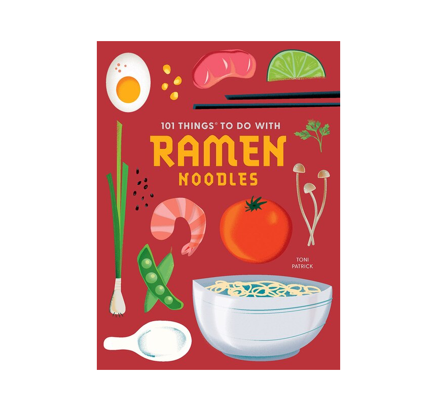 red book cover with illustrations of ramen ingredients. By Toni Patrick