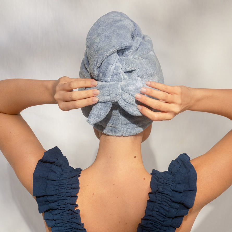 QUICK DRY HAIR TOWEL in COASTAL BLUE WITH BOW  by KITSCH
