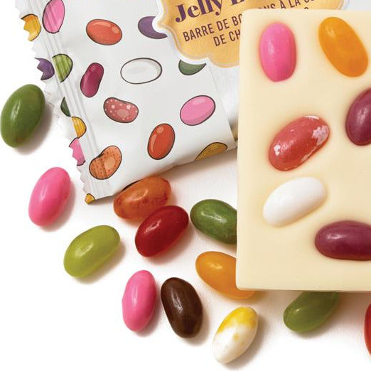 White chocolate jelly bean bar with colorful jelly beans on a white background