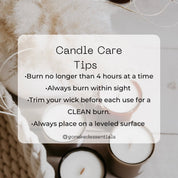 Candle care tips overlay on a blurred background of candles and a woven basket.