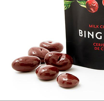 Packaging of Rogers Chocolates milk chocolate covered Bing Cherries on a white background