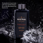 Mistral Golden Tobacco body wash bottle with water splash on a dark background