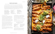 Double-baked taquitos on a baking tray with ingredients and a recipe on the side.
