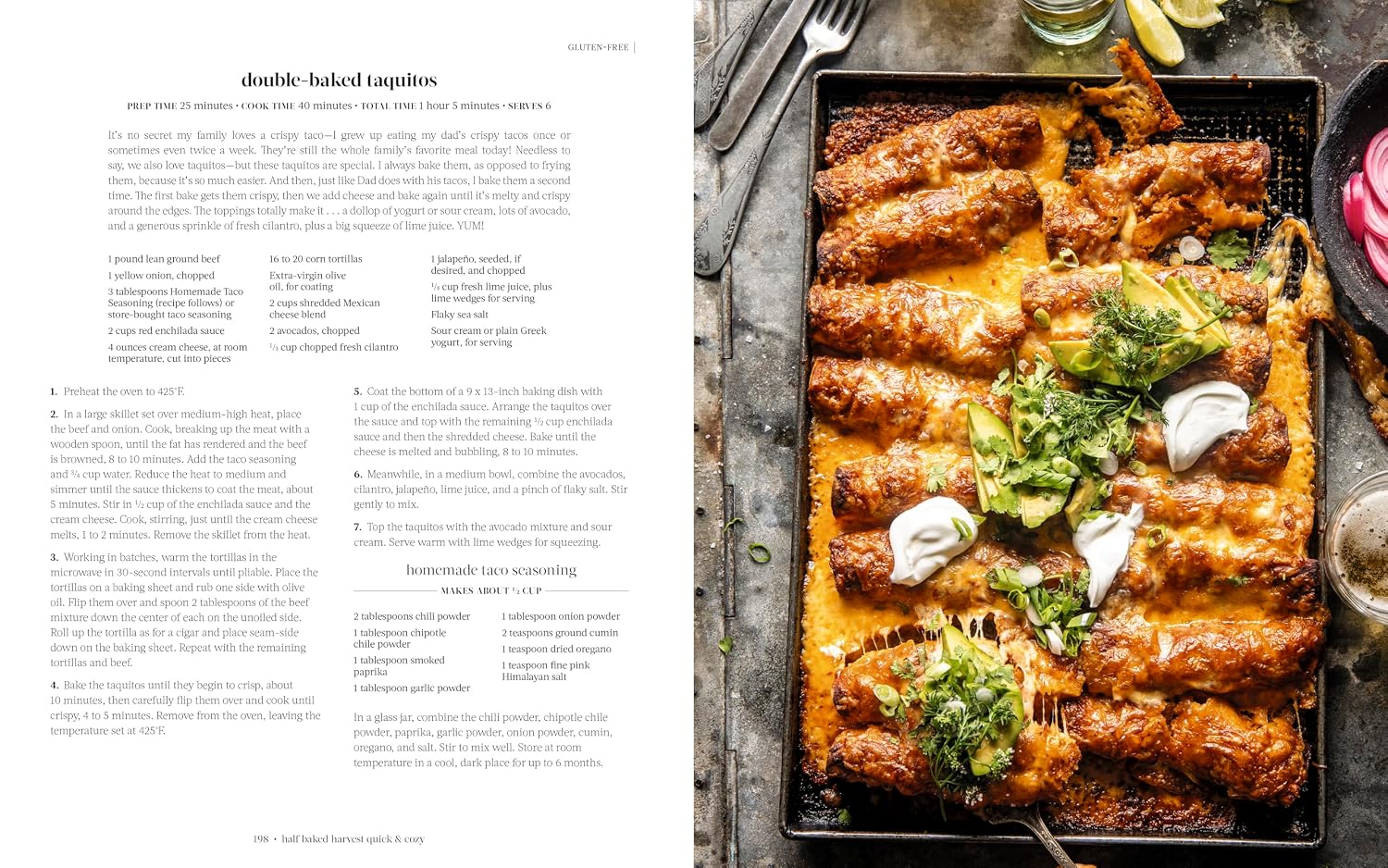Double-baked taquitos on a baking tray with ingredients and a recipe on the side.