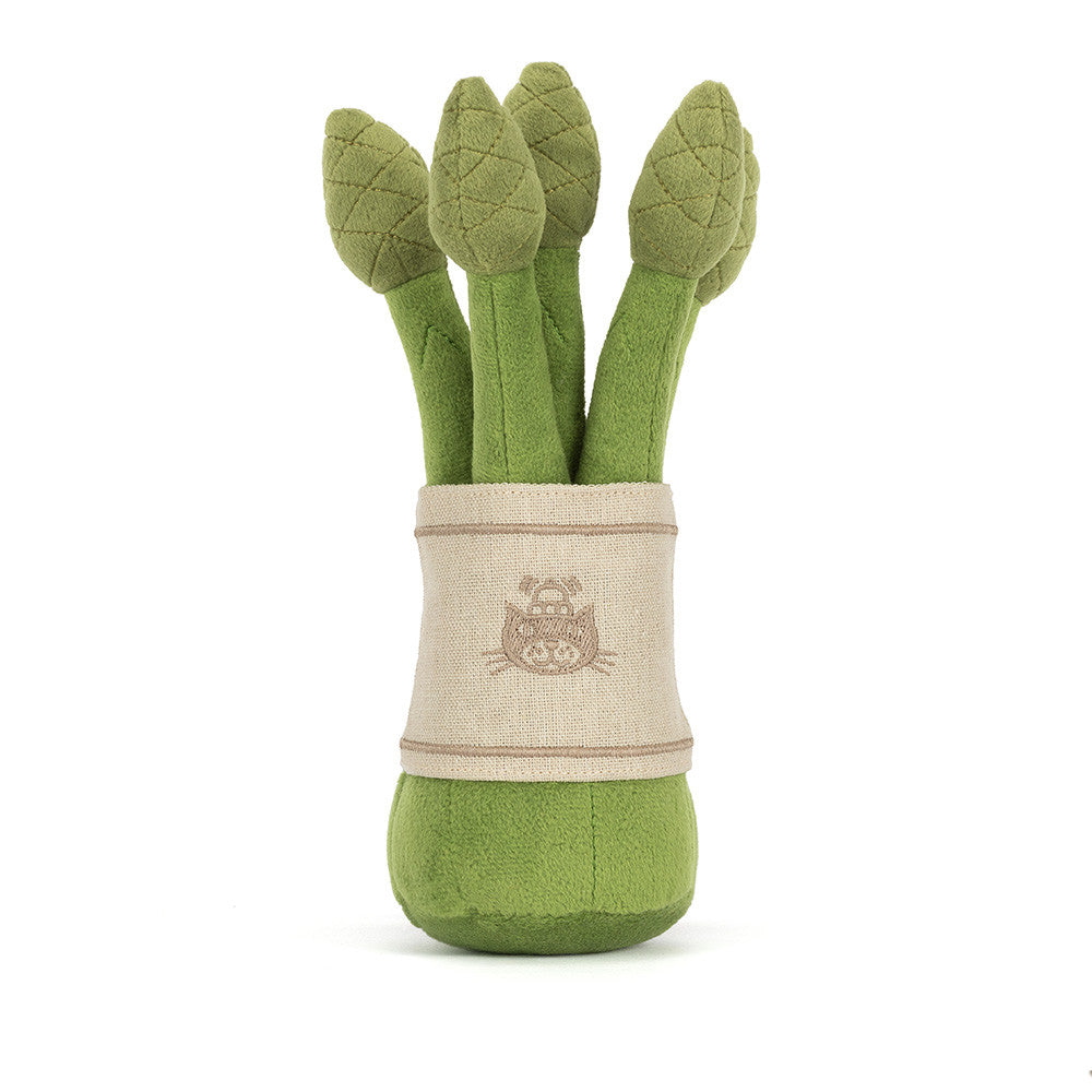 plush toy bundle of asparagus with light tan band with jellycat logo embroidered and on a white background 