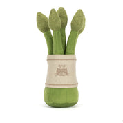 plush toy bundle of asparagus with light tan band with jellycat logo embroidered and on a white background 