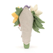 back view of Plush jellycat  bouquet of pink purple white and yellow flowers with a smiling face on a white background