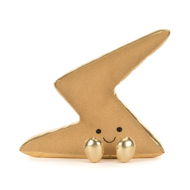 Gold lightning bolt-shaped JELLYCAT with a smiling face on a white background