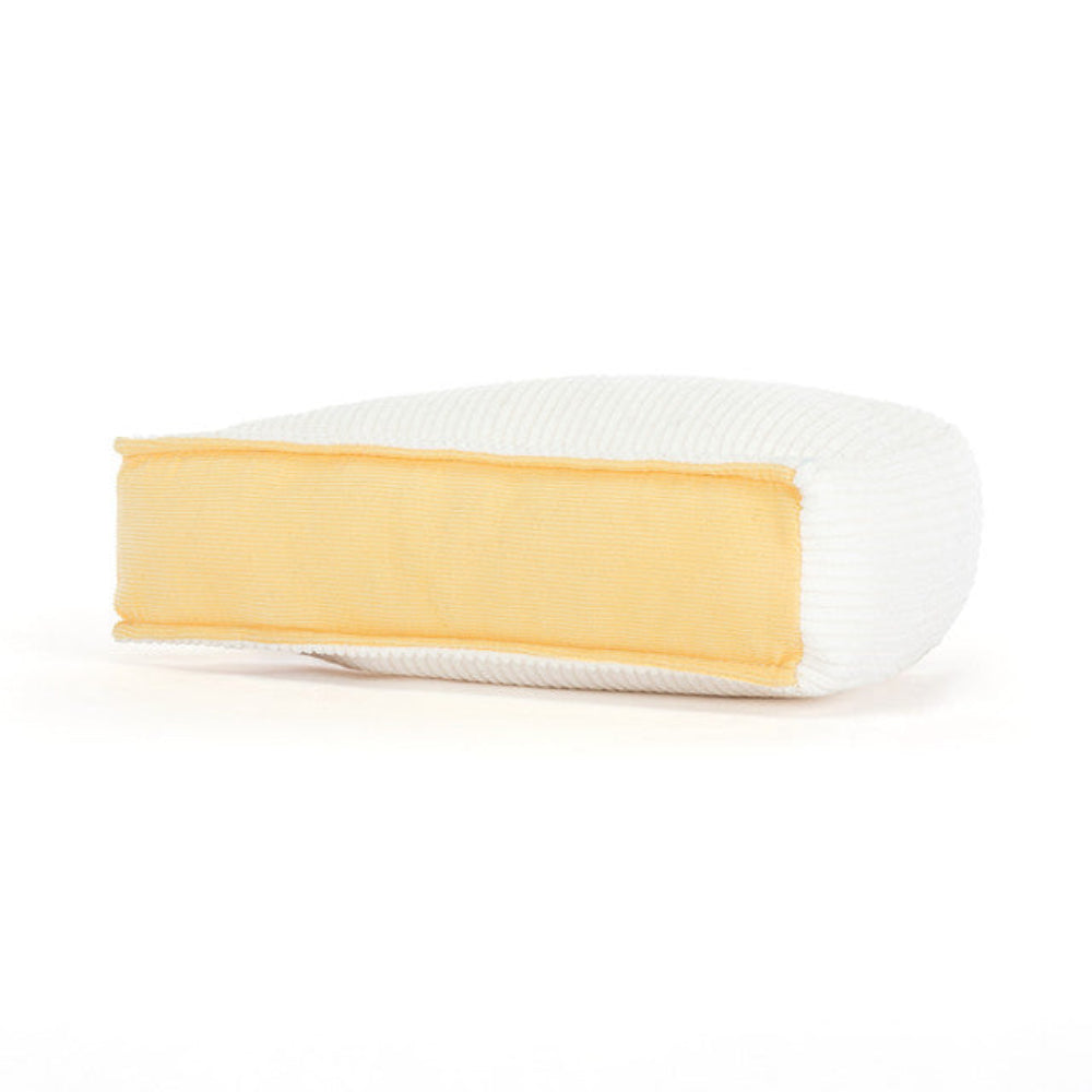 jellycat brie cheese with cute face and legs and plush cordory top back view