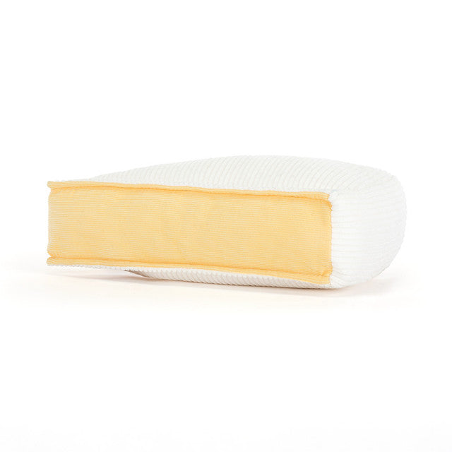 jellycat brie cheese with cute face and legs and plush cordory top back view