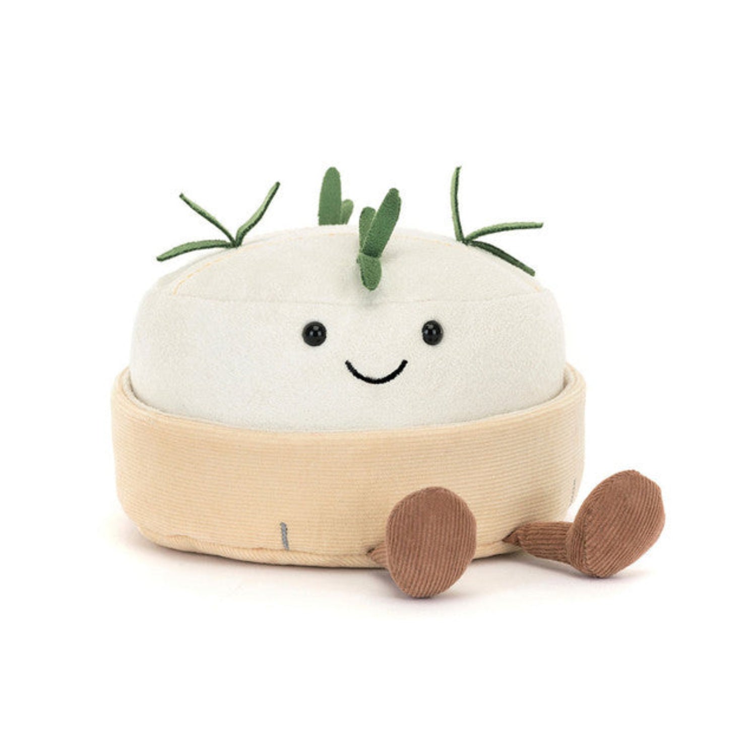 Plush jellycat camembert cheese with rosemary sprigs and a smiling face on a white background