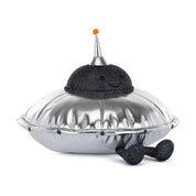 Shiny silver plush space ship with black sparkly smiling face on white background 