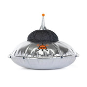 back view of shiny silver and sparkly black plush toy spaceship with orange stitched logo on white background