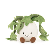 Plush toy houseplant with a white pot  body, green leaves, and brown feet on a white background