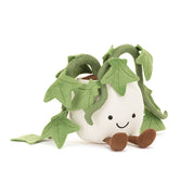 Plush toy house plant ivy with green leaves in white pot on a white background