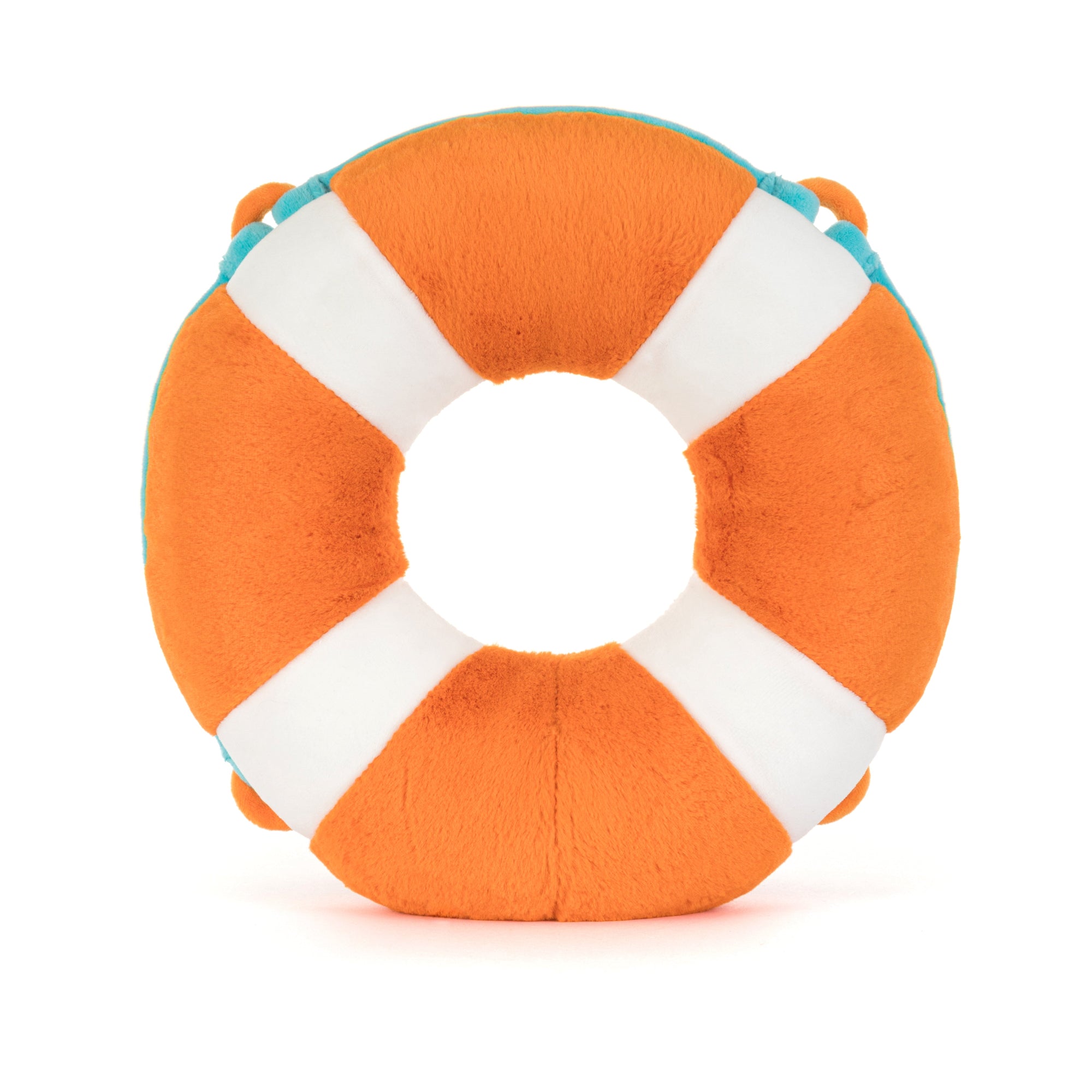 back view of Jellycat orange white and blue plush toy life preserver or life ring with a smiling face on a white background