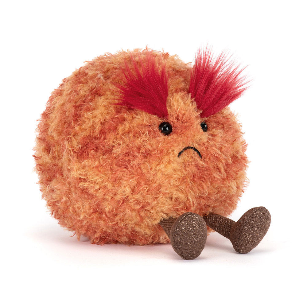 plush toy planet mars with orange fluffy fur body, bushy red tall eyebrows, sad grin and brown boots on a white background