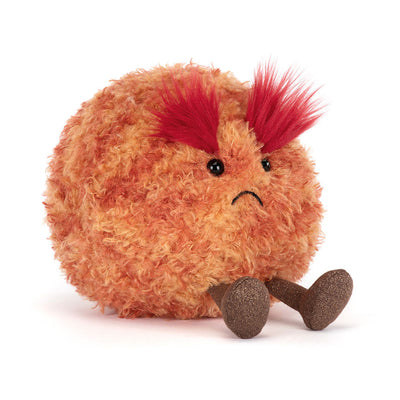 plush toy planet mars with orange fluffy fur body, bushy red tall eyebrows, sad grin and brown boots on a white background