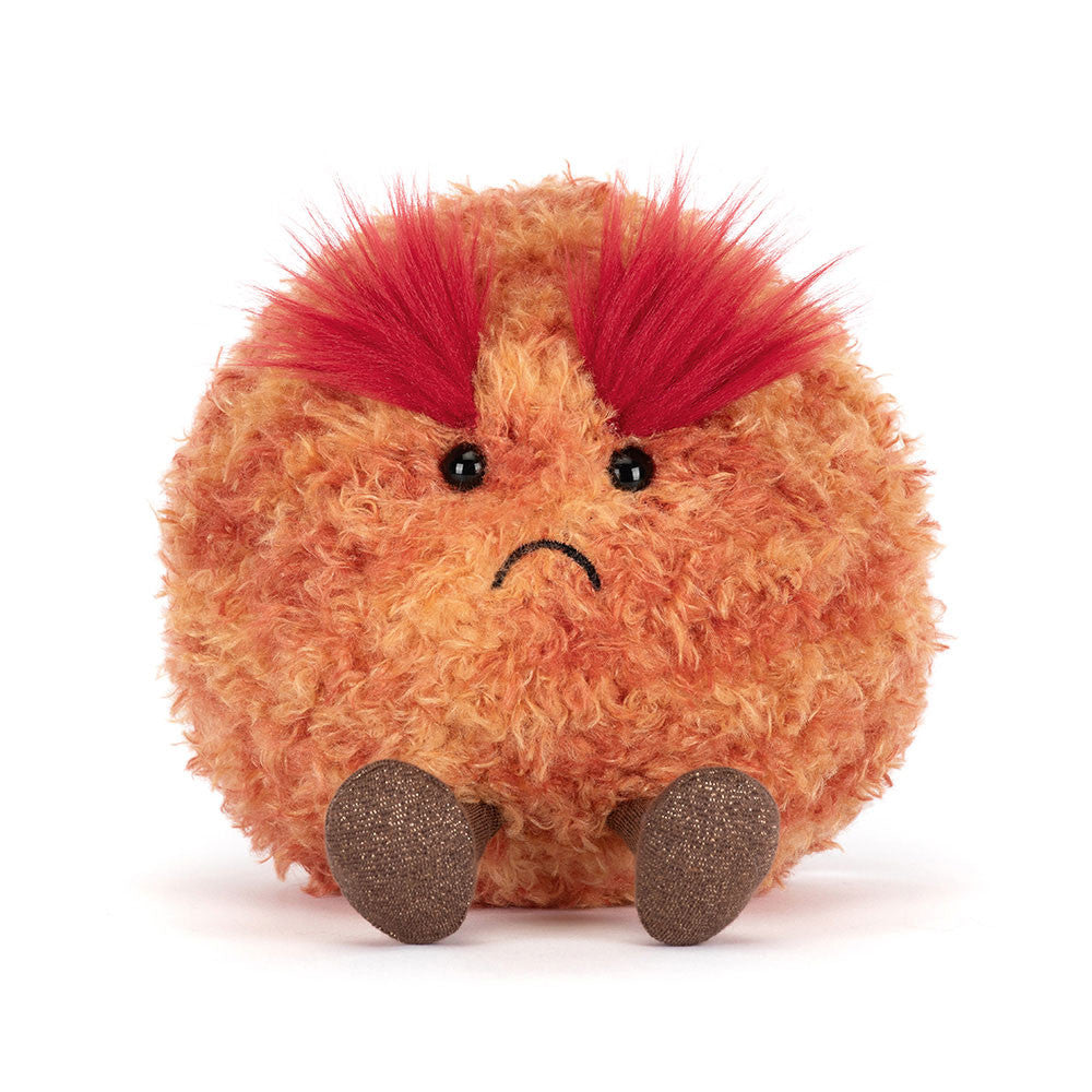 plush toy planet mars with orange fluffy fur body, bushy red tall eyebrows, sad grin and brown boots on a white background