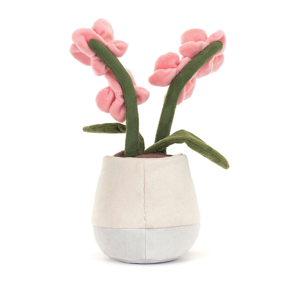 Plush jellycat toy flower in a pot with pink orchid flowers on a white background