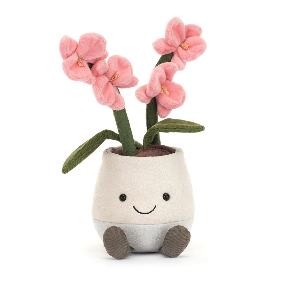 Plush jellycat toy flower in a pot with pink orchid flowers on a white background