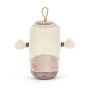 backview of A plush boot-shaped jellycat brand plush toy with a cream sherpa upper, beige corduroy-like lower section, and a tan hanging loop at the top, shown on a plain white background.