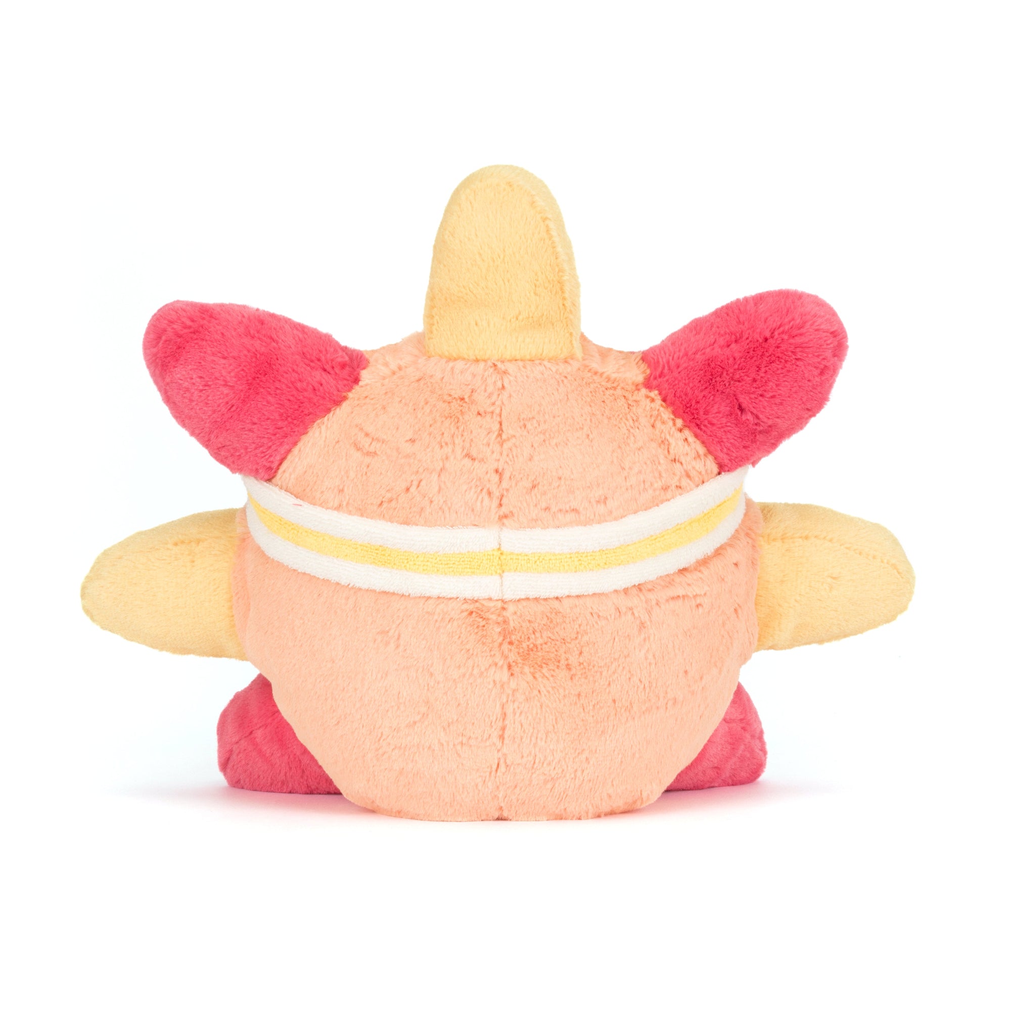 back view of Plush toy jellycat sun with pink and yellow and orange colors wearing roller skates on a white background