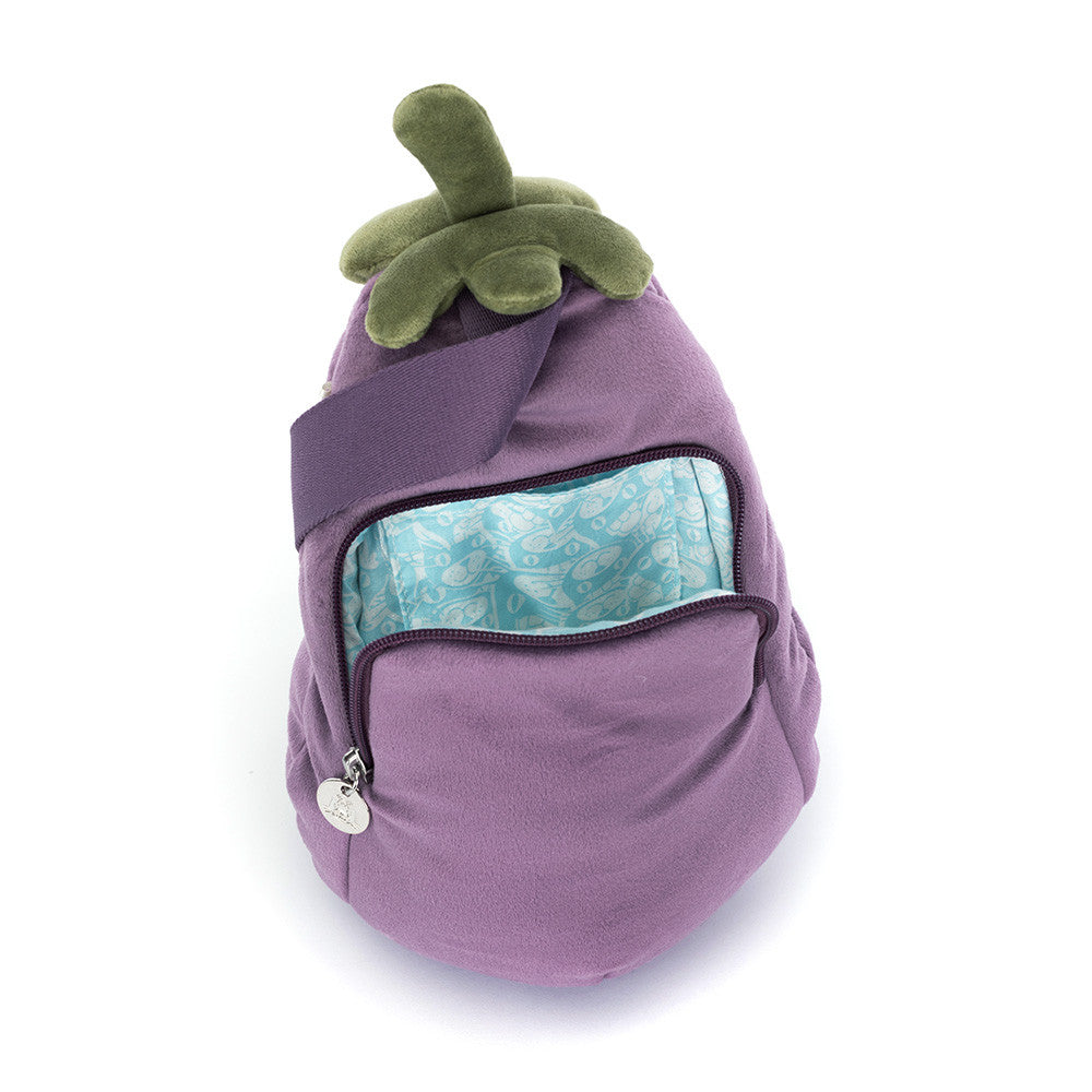 view of inside a Plush bum bag purse by jellycat shaped like an eggplant  on a white background