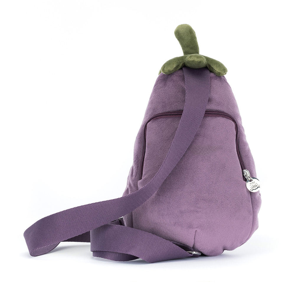 back view of Plush bum bag purse by jellycat shaped like an eggplant with a smiling face on a white background