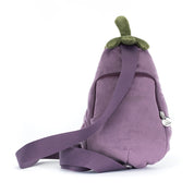 back view of Plush bum bag purse by jellycat shaped like an eggplant with a smiling face on a white background