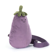 Plush bum bag purse by jellycat shaped like an eggplant with a smiling face on a white background